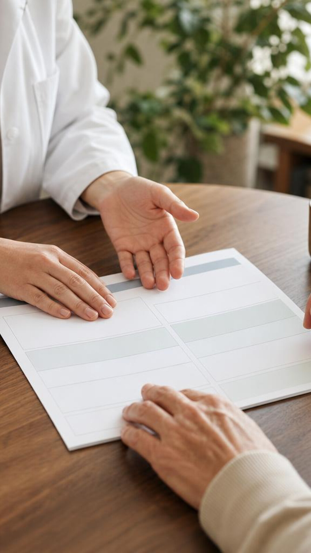 A clinician explains a care plan to a patient at a desk.