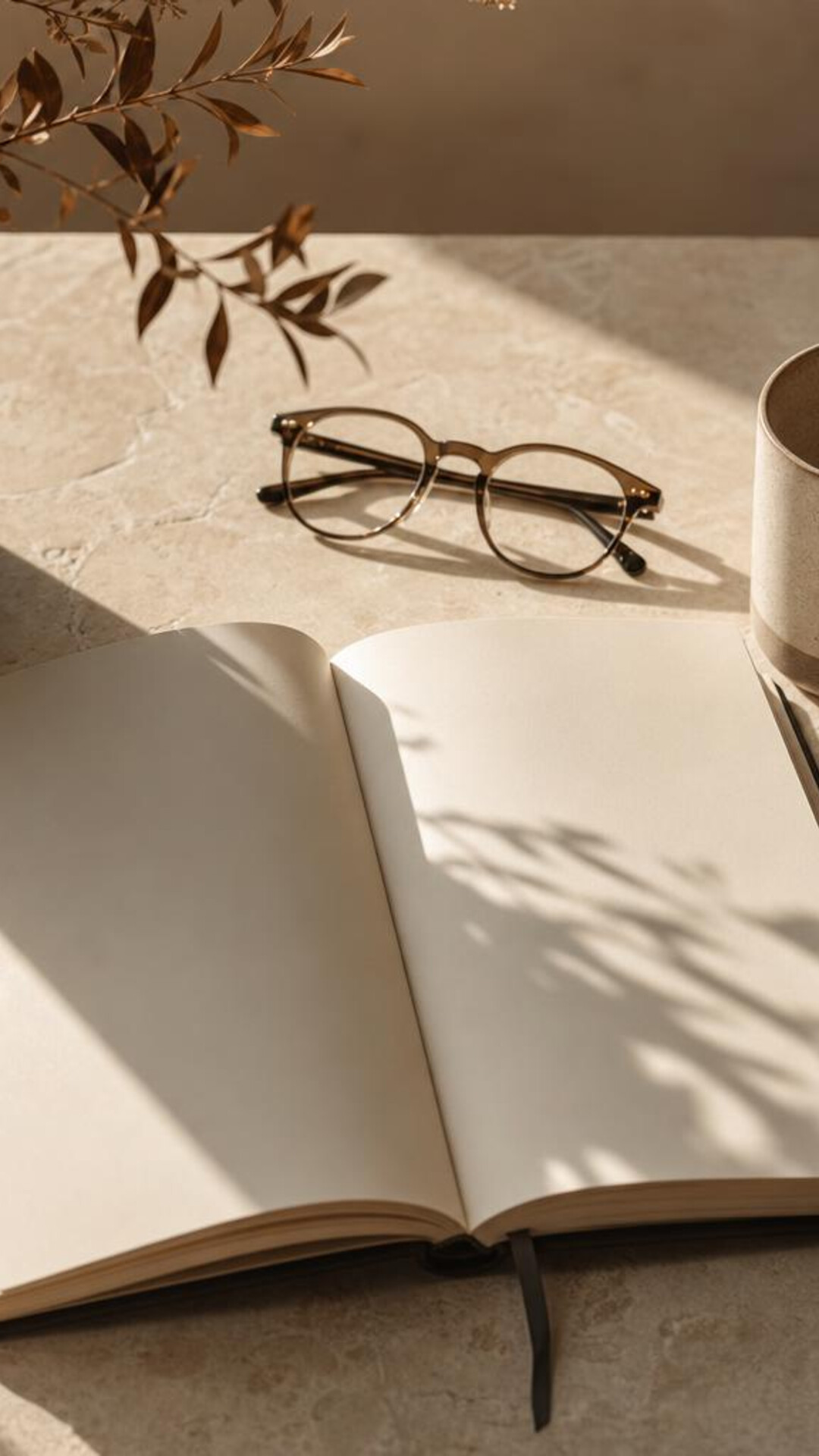 An open notebook, glasses, and a cup on a sunlit desk.
