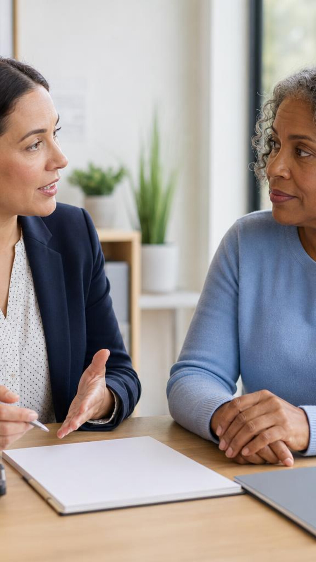 A clinician discusses paperwork with a patient.