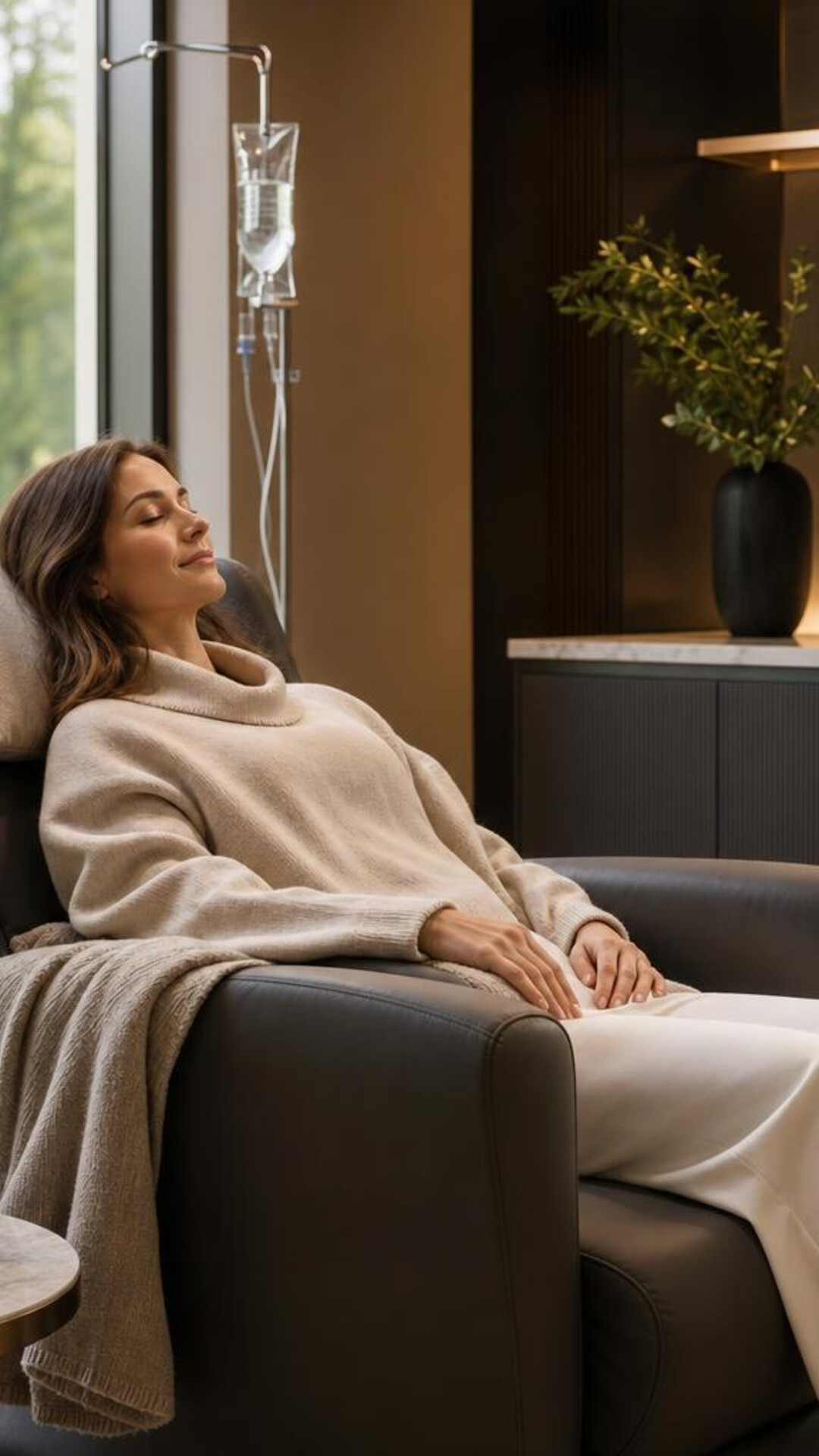 A patient relaxes in a chair during a wellness visit.