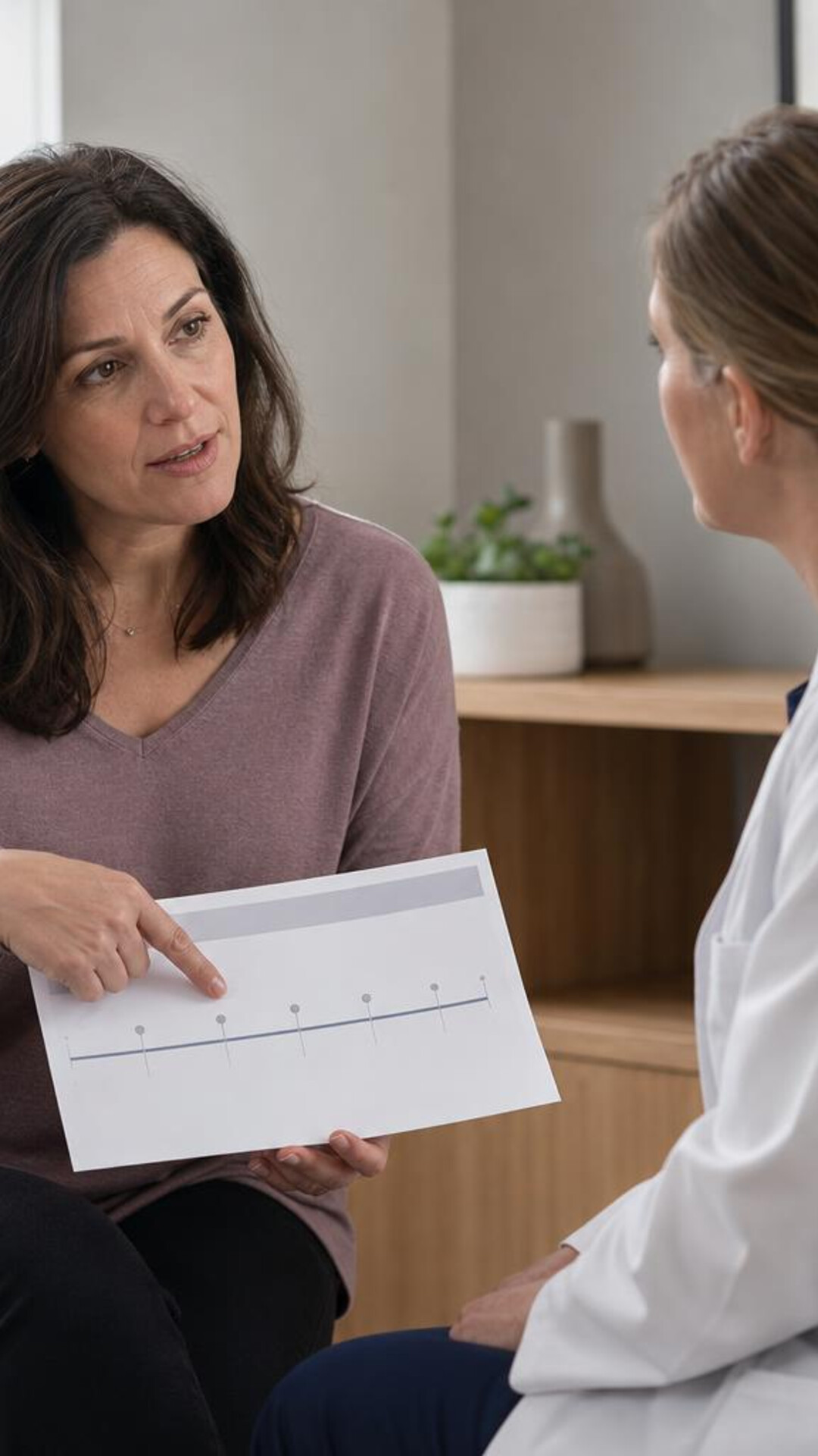 A woman talks with a clinician in a calm consultation room.