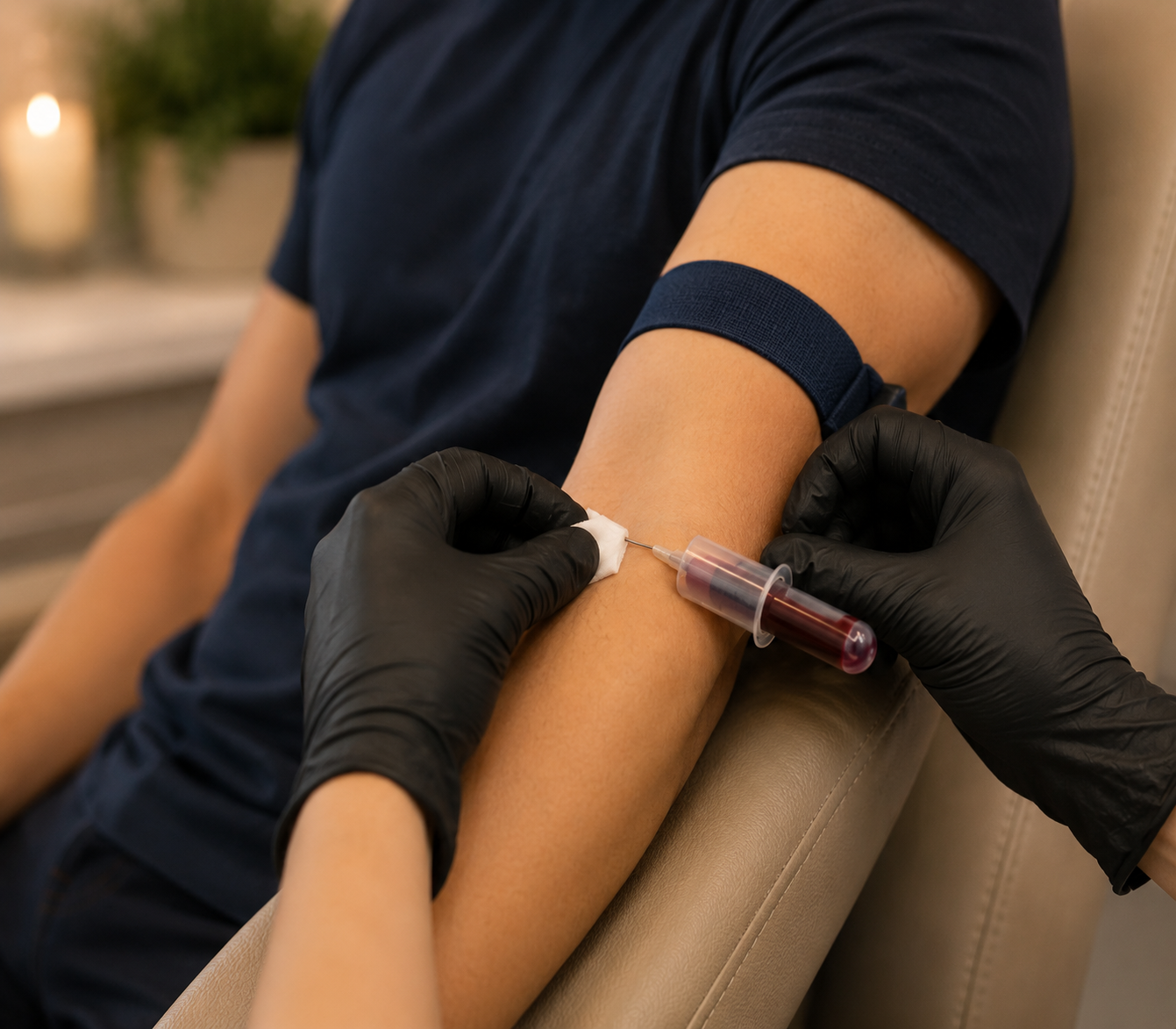Close-up of a male patient receiving therapeutic phlebotomy in a modern medical clinic.