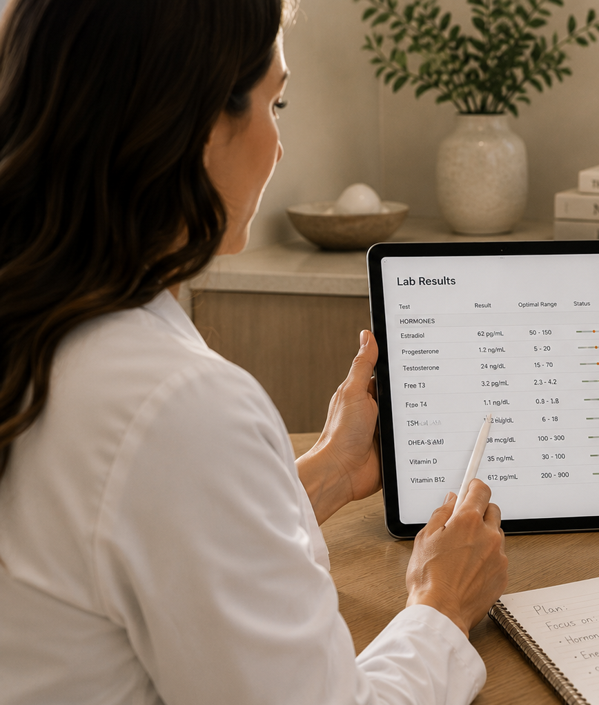 Provider reviewing hormone lab results with a patient during a personalized consultation in Draper, Utah.