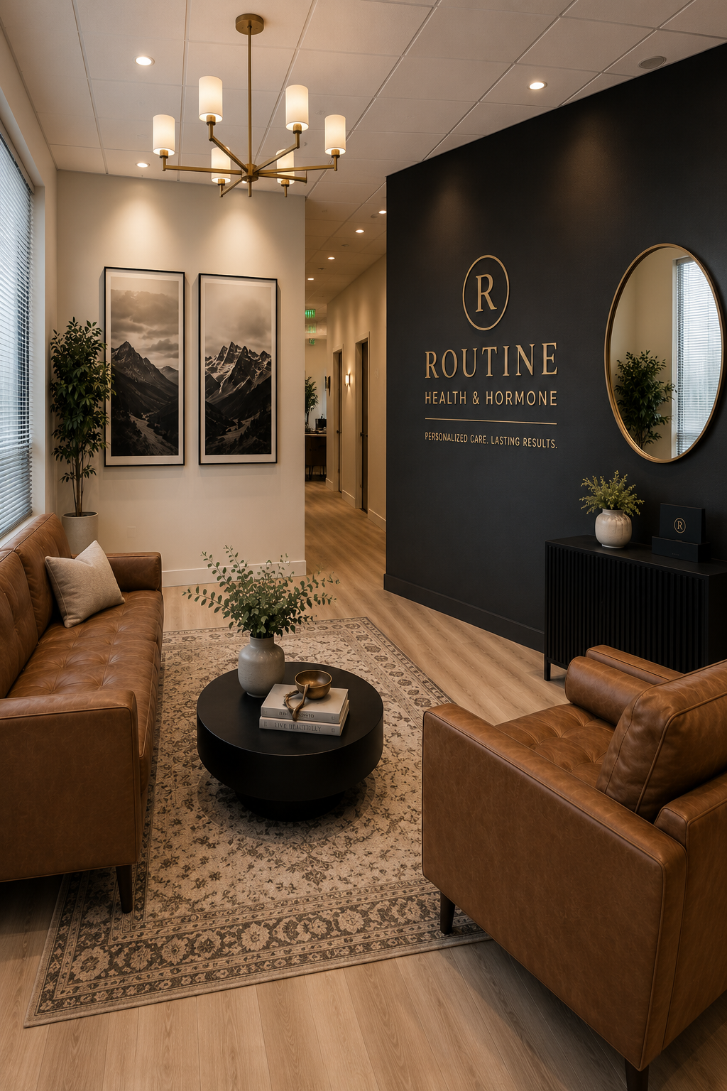 Luxury waiting room at Routine Health & Hormone in Draper, Utah featuring premium leather seating, elegant black accent wall with gold branding, contemporary mountain artwork, designer lighting, modern furnishings, and a warm, welcoming environment for hormone therapy, medical weight loss, peptide therapy, wellness care, Botox, Morpheus8, laser treatments, and advanced aesthetic consultations.