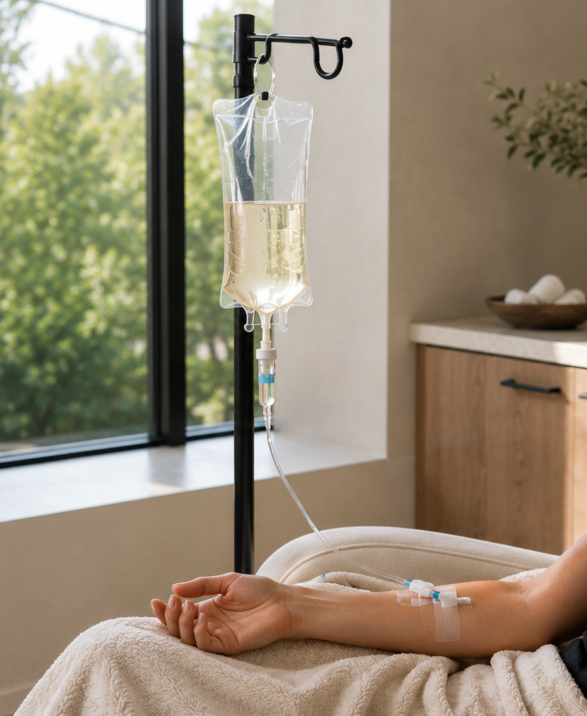 Patient receiving IV vitamin therapy in a modern wellness clinic in Draper, Utah.